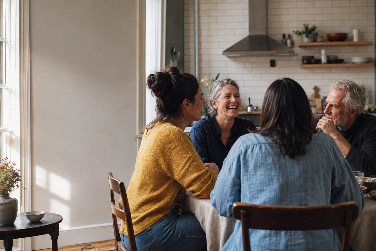 Illustrative scene of family and friends talking around a table