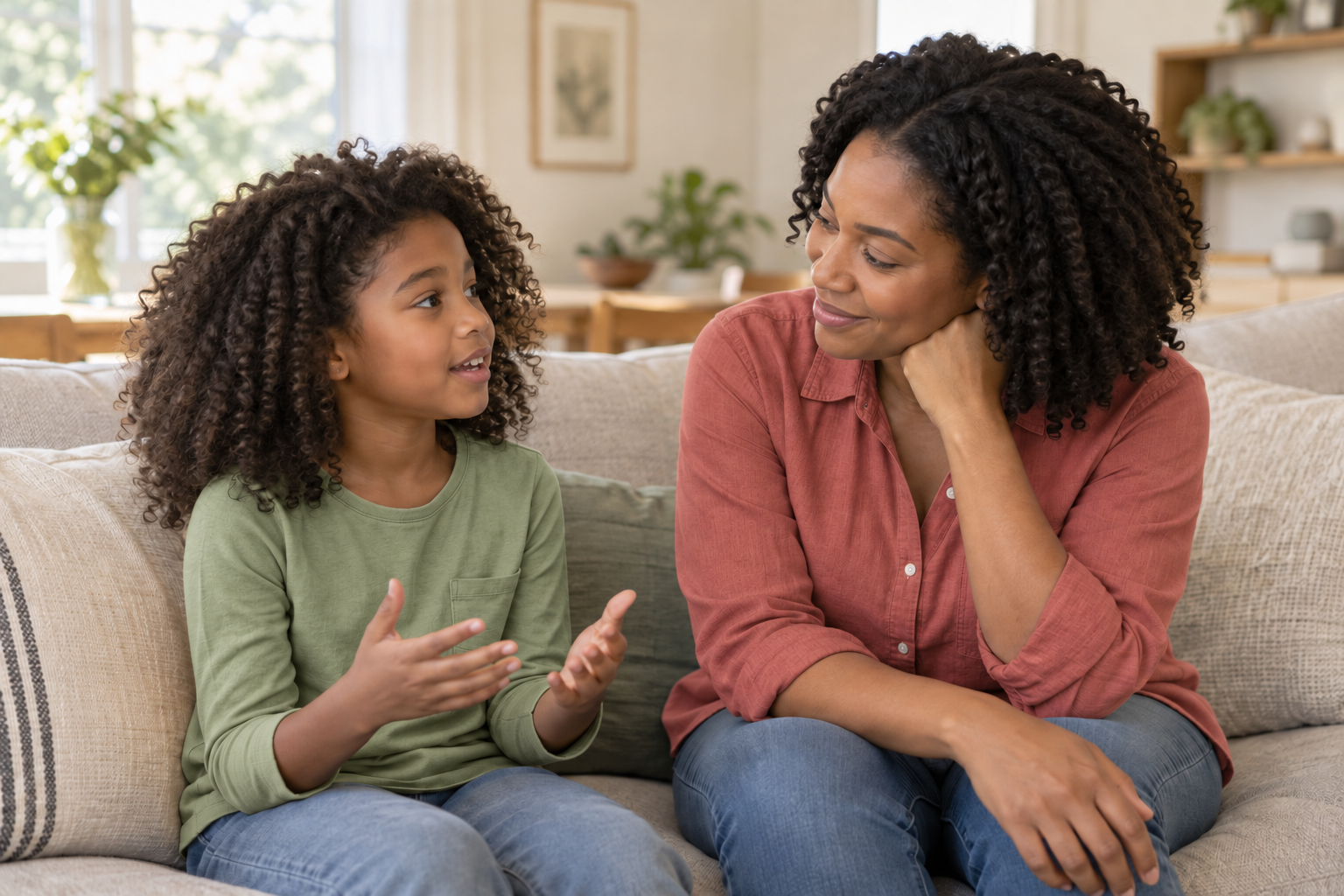Illustrative scene of a Black mother listening to her child at home
